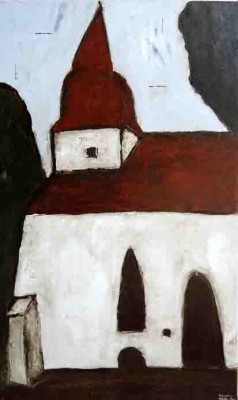 Die Dorfkirche von Zemmin, dem Geburtsort von Berthold Beitz, gemalt von Alexander Dettmar im August 2013